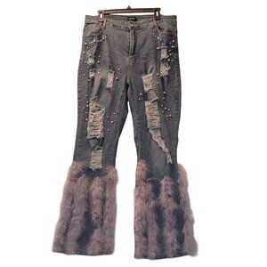 PlusWear Thrashed Women Glam Blue Jeans Flare Legs with Feathers Hippie  Size XL